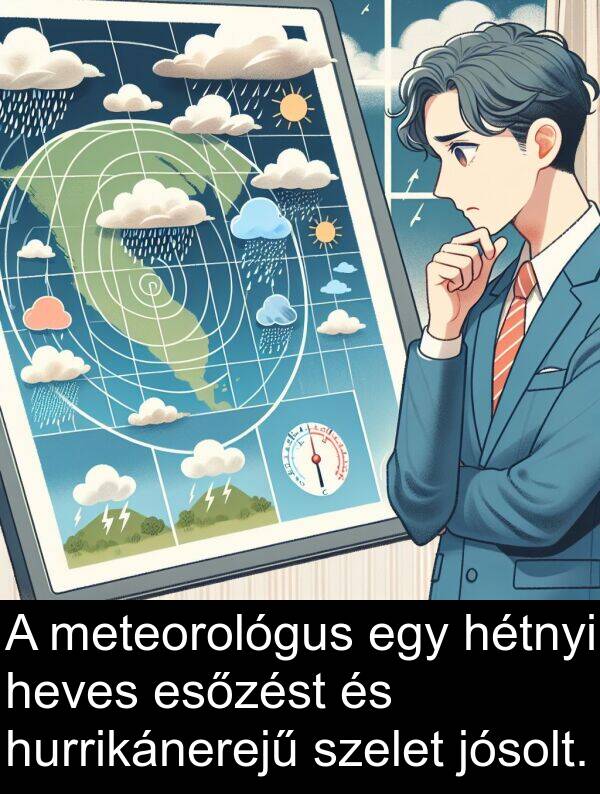 meteorológus: A meteorológus egy hétnyi heves esőzést és hurrikánerejű szelet jósolt.