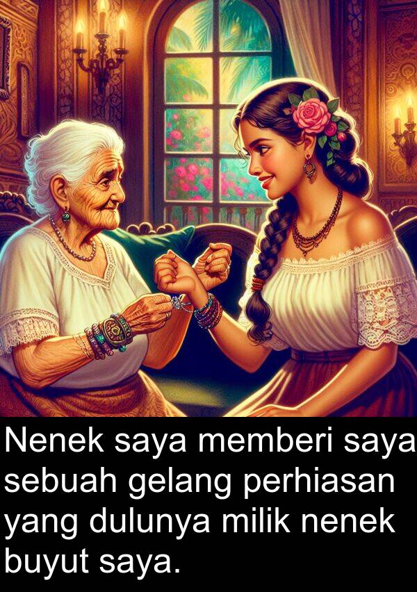 memberi: Nenek saya memberi saya sebuah gelang perhiasan yang dulunya milik nenek buyut saya.