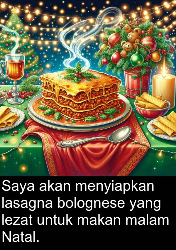 lasagna: Saya akan menyiapkan lasagna bolognese yang lezat untuk makan malam Natal.