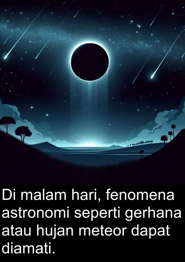 hujan: Di malam hari, fenomena astronomi seperti gerhana atau hujan meteor dapat diamati.