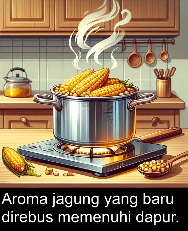 dapur: Aroma jagung yang baru direbus memenuhi dapur.