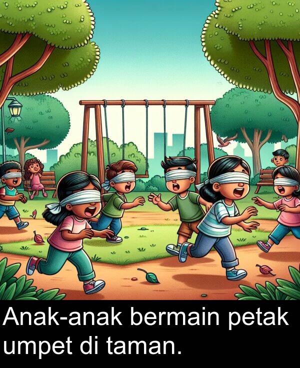 umpet: Anak-anak bermain petak umpet di taman.