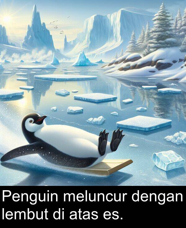 lembut: Penguin meluncur dengan lembut di atas es.