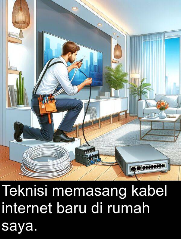 kabel: Teknisi memasang kabel internet baru di rumah saya.