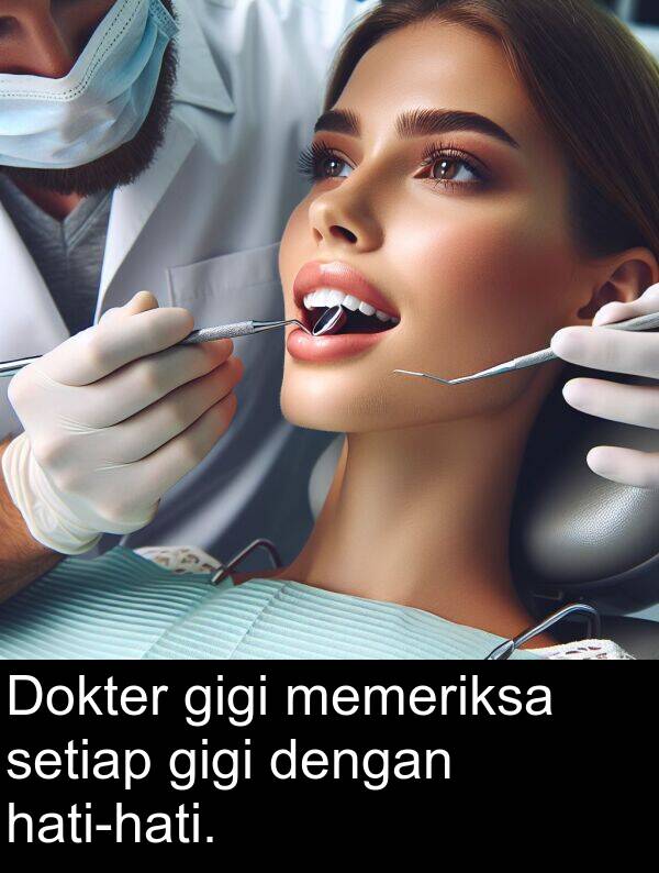 gigi: Dokter gigi memeriksa setiap gigi dengan hati-hati.