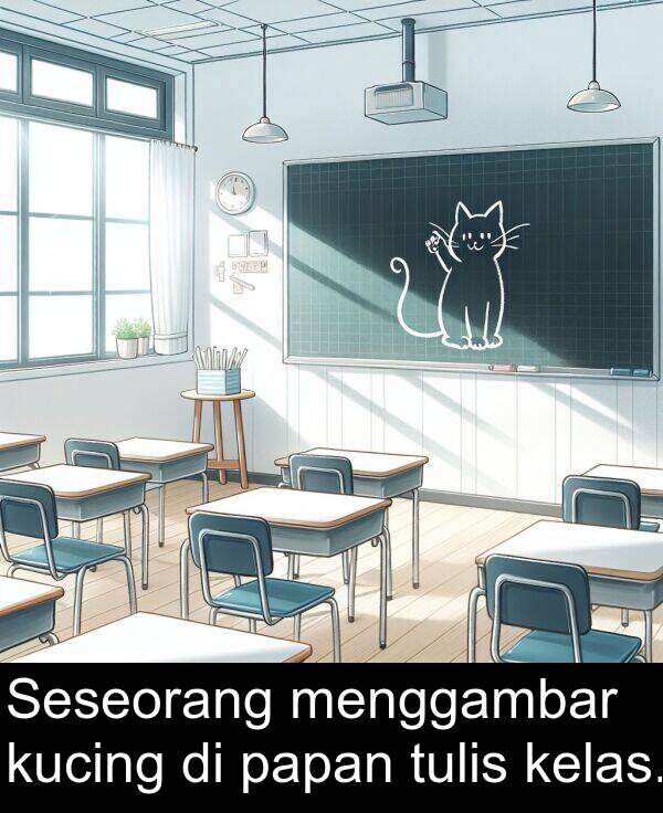 papan: Seseorang menggambar kucing di papan tulis kelas.