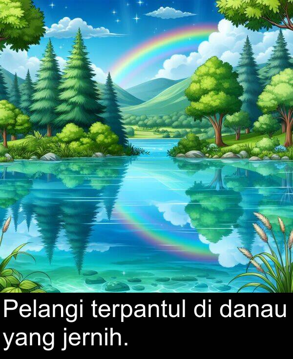 yang: Pelangi terpantul di danau yang jernih.