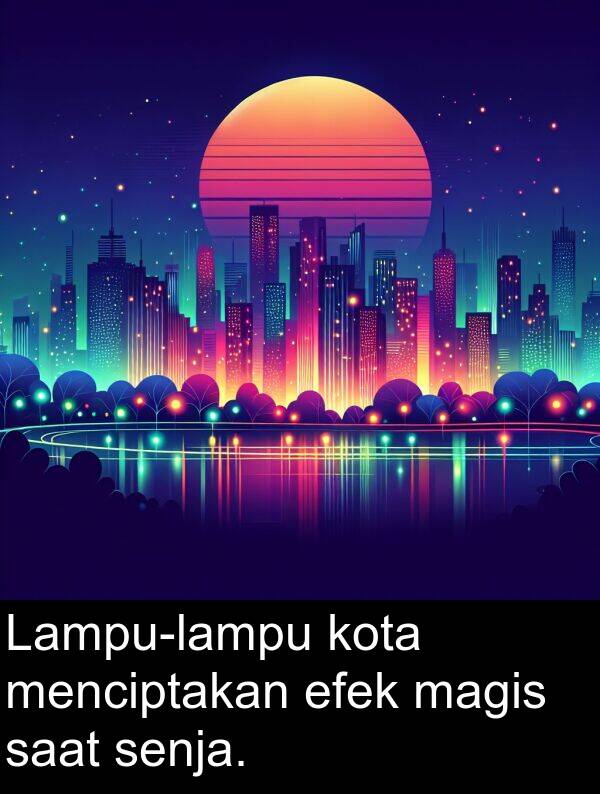 efek: Lampu-lampu kota menciptakan efek magis saat senja.