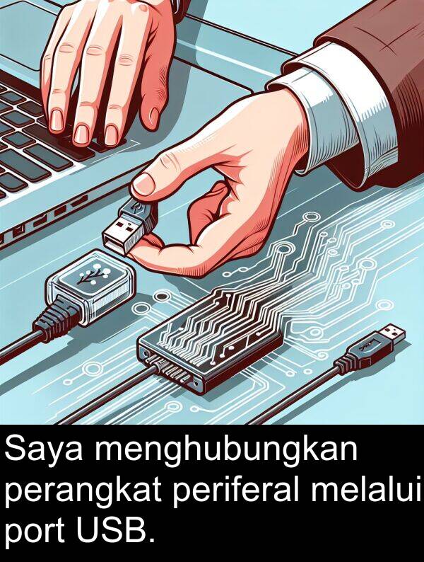 melalui: Saya menghubungkan perangkat periferal melalui port USB.