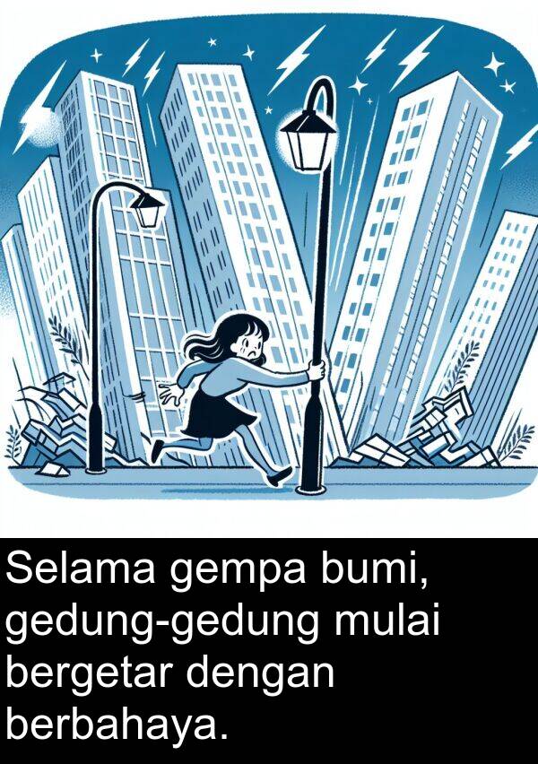 bergetar: Selama gempa bumi, gedung-gedung mulai bergetar dengan berbahaya.