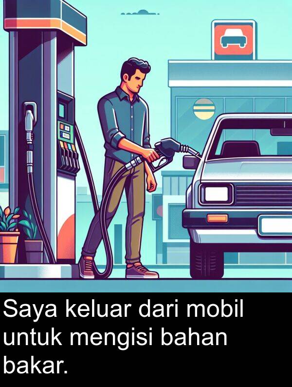 keluar: Saya keluar dari mobil untuk mengisi bahan bakar.