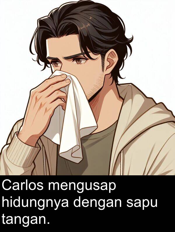 hidungnya: Carlos mengusap hidungnya dengan sapu tangan.