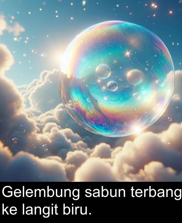 terbang: Gelembung sabun terbang ke langit biru.