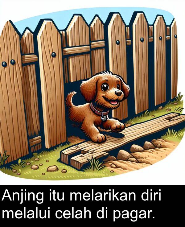 celah: Anjing itu melarikan diri melalui celah di pagar.