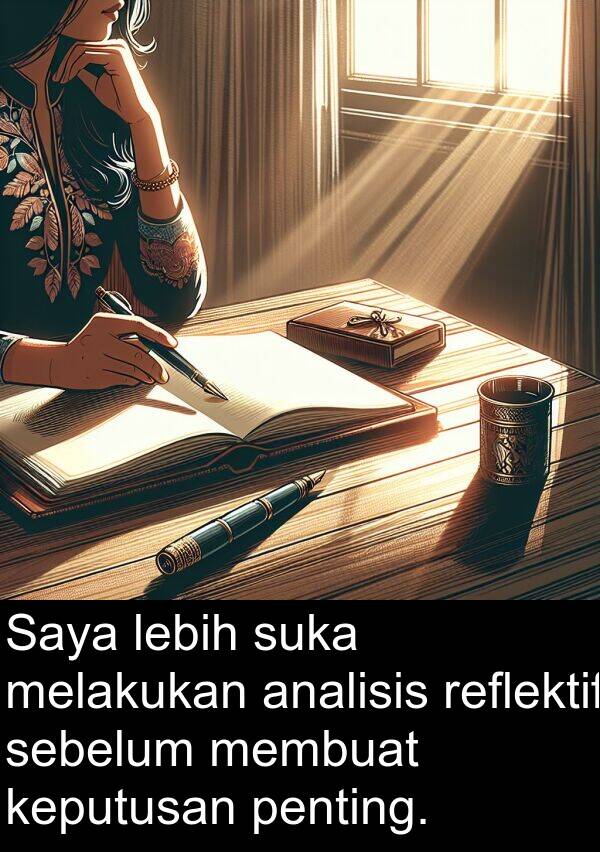 reflektif: Saya lebih suka melakukan analisis reflektif sebelum membuat keputusan penting.