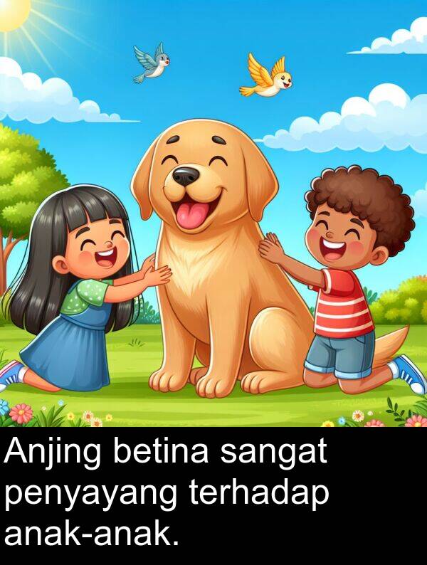 terhadap: Anjing betina sangat penyayang terhadap anak-anak.