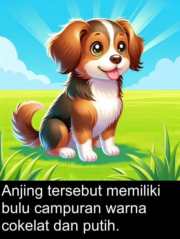 cokelat: Anjing tersebut memiliki bulu campuran warna cokelat dan putih.