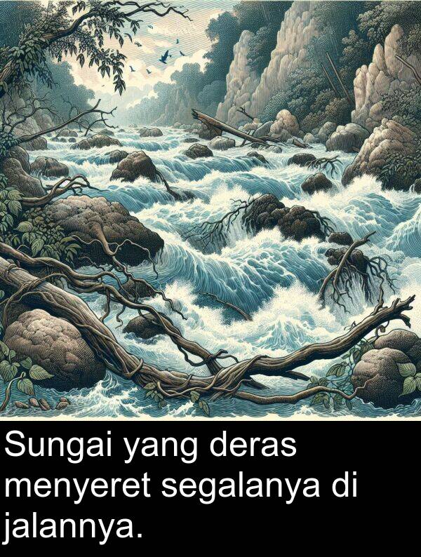 jalannya: Sungai yang deras menyeret segalanya di jalannya.