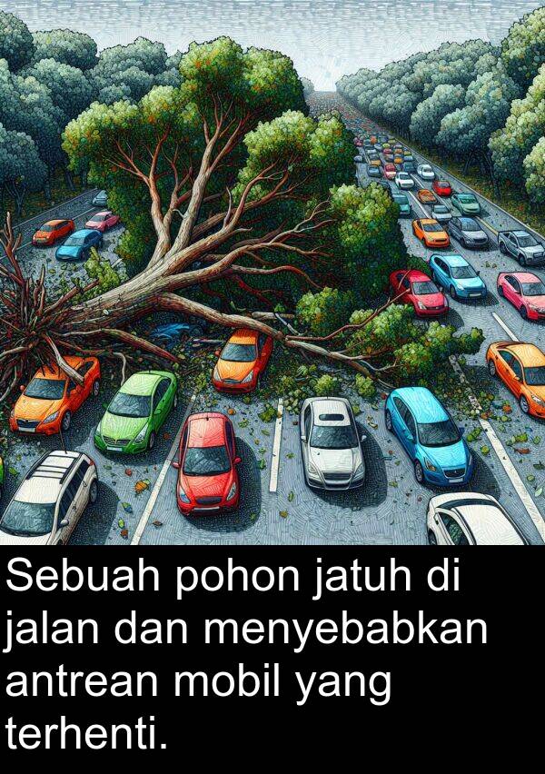 jatuh: Sebuah pohon jatuh di jalan dan menyebabkan antrean mobil yang terhenti.