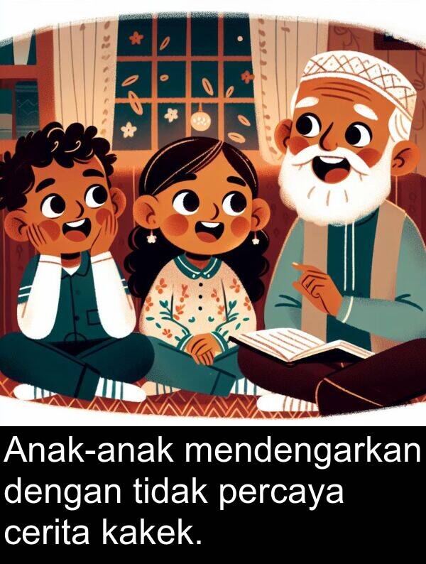 kakek: Anak-anak mendengarkan dengan tidak percaya cerita kakek.