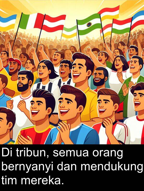 orang: Di tribun, semua orang bernyanyi dan mendukung tim mereka.