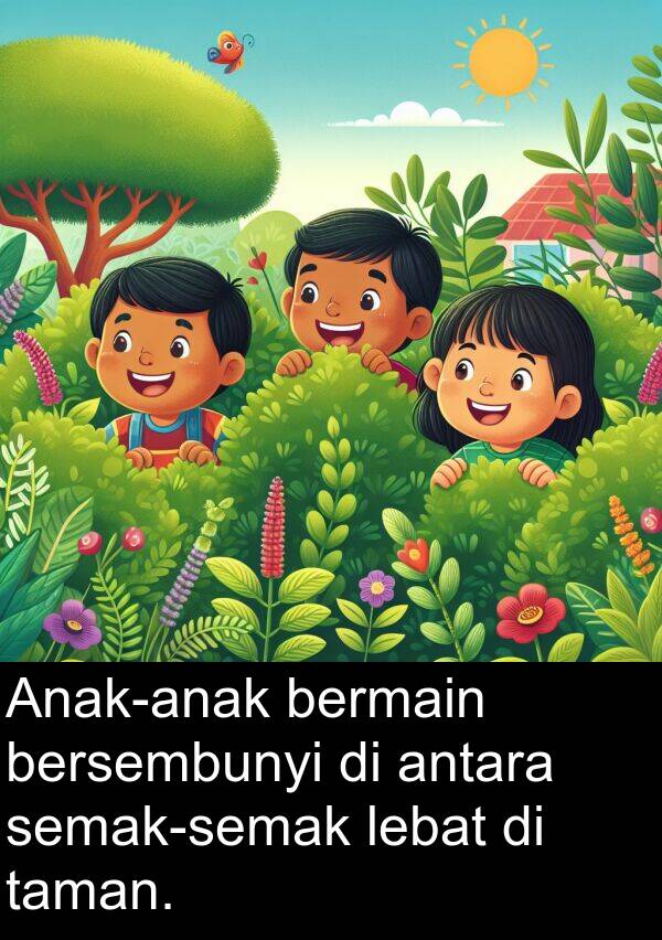 lebat: Anak-anak bermain bersembunyi di antara semak-semak lebat di taman.