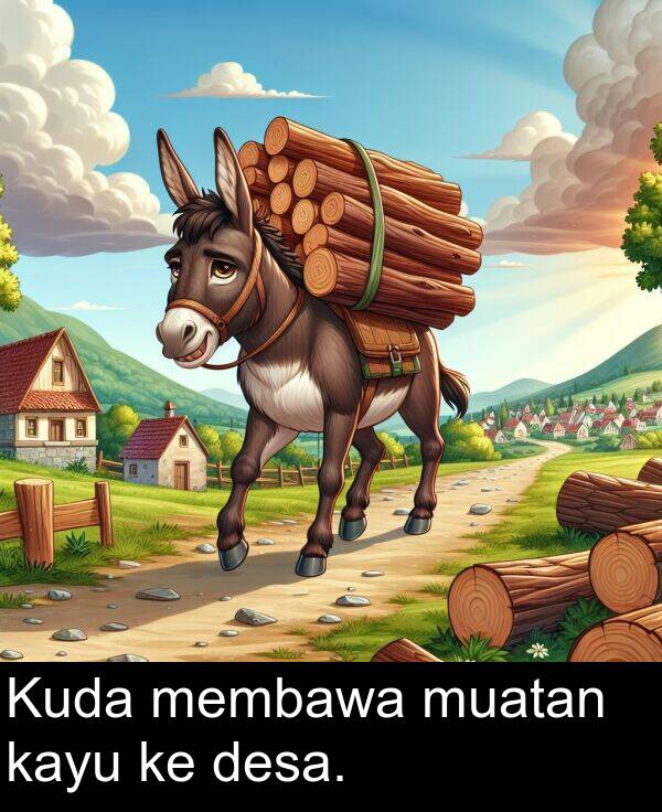 kayu: Kuda membawa muatan kayu ke desa.