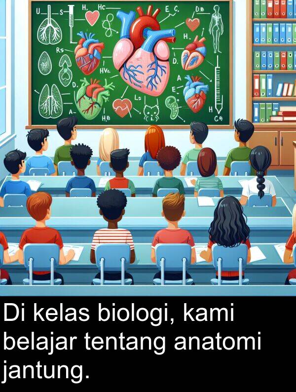 kelas: Di kelas biologi, kami belajar tentang anatomi jantung.