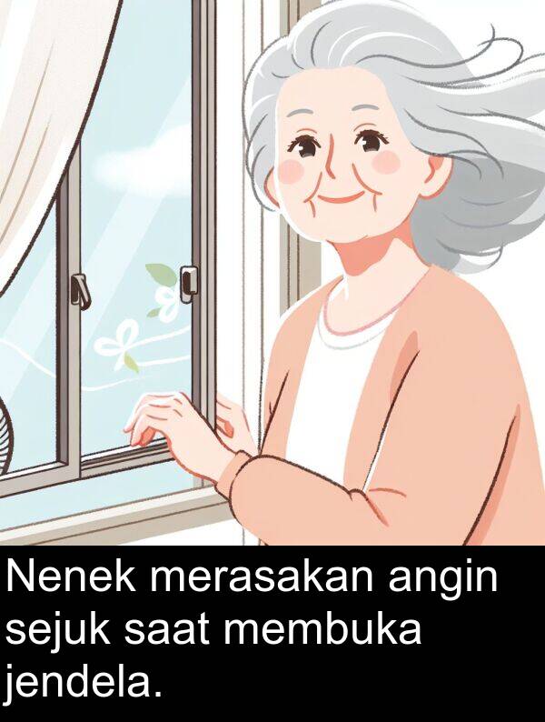 membuka: Nenek merasakan angin sejuk saat membuka jendela.