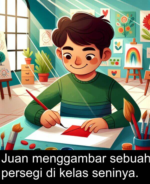 kelas: Juan menggambar sebuah persegi di kelas seninya.