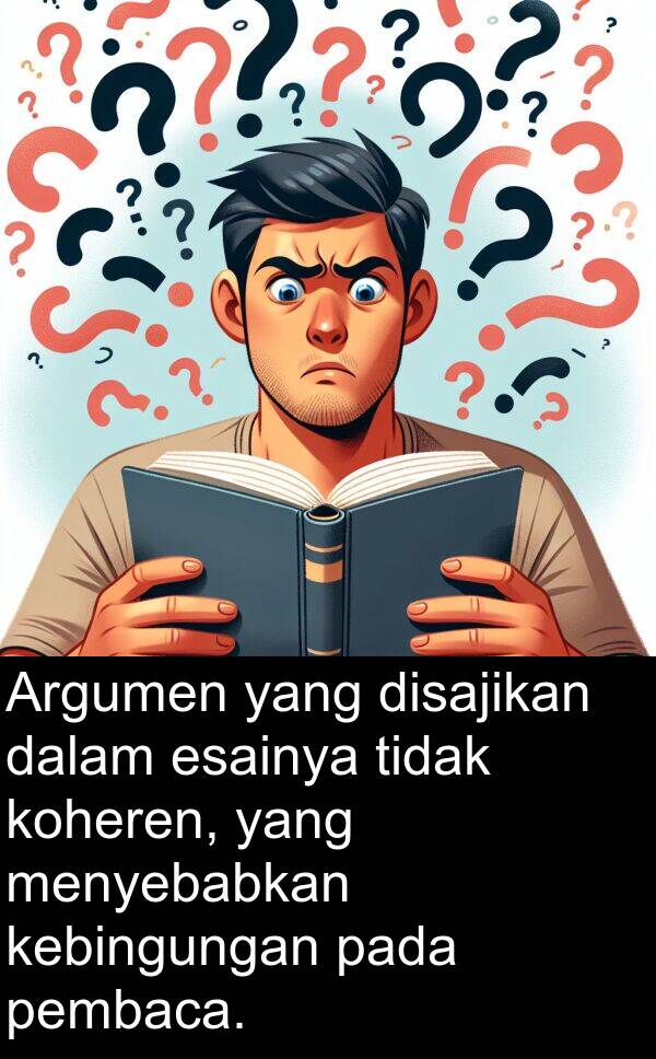 esainya: Argumen yang disajikan dalam esainya tidak koheren, yang menyebabkan kebingungan pada pembaca.