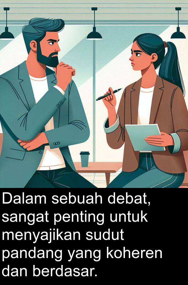 pandang: Dalam sebuah debat, sangat penting untuk menyajikan sudut pandang yang koheren dan berdasar.