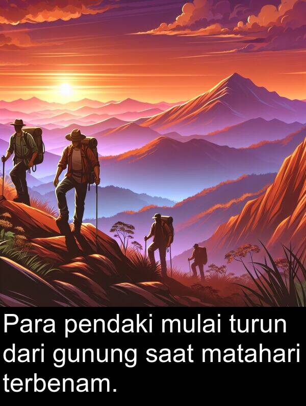 pendaki: Para pendaki mulai turun dari gunung saat matahari terbenam.