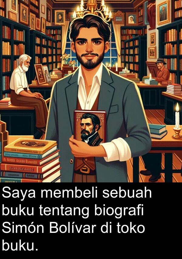 tentang: Saya membeli sebuah buku tentang biografi Simón Bolívar di toko buku.