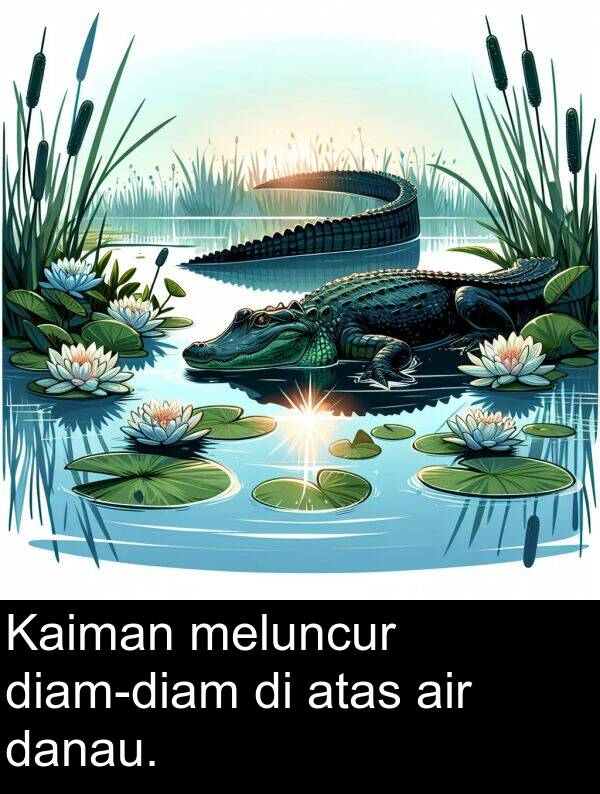 meluncur: Kaiman meluncur diam-diam di atas air danau.