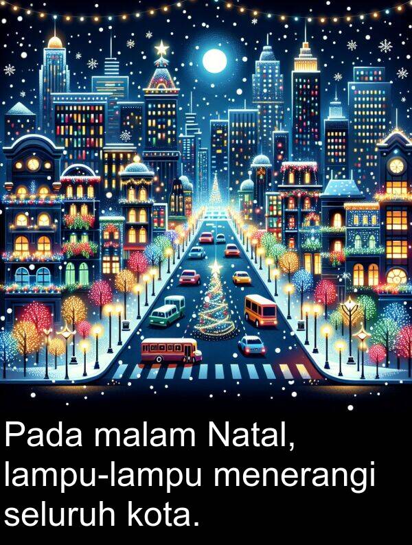 malam: Pada malam Natal, lampu-lampu menerangi seluruh kota.