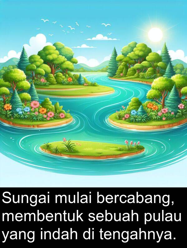 membentuk: Sungai mulai bercabang, membentuk sebuah pulau yang indah di tengahnya.