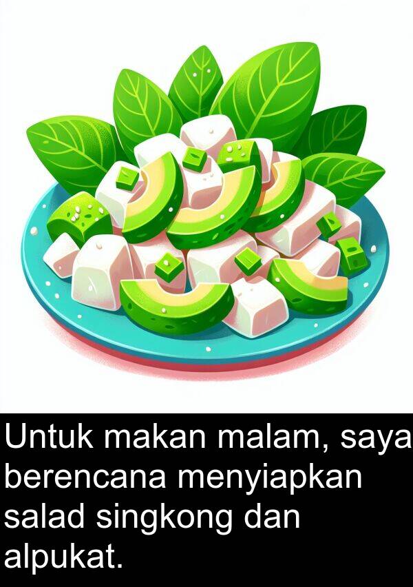 makan: Untuk makan malam, saya berencana menyiapkan salad singkong dan alpukat.