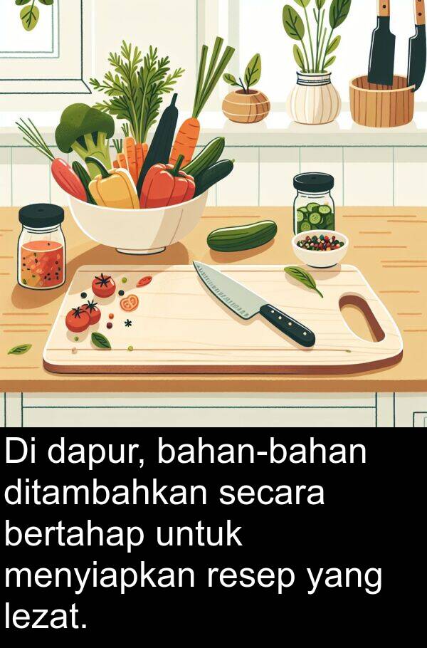 resep: Di dapur, bahan-bahan ditambahkan secara bertahap untuk menyiapkan resep yang lezat.