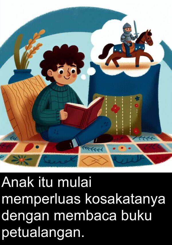 membaca: Anak itu mulai memperluas kosakatanya dengan membaca buku petualangan.