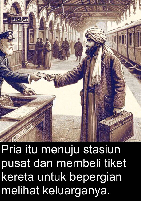 bepergian: Pria itu menuju stasiun pusat dan membeli tiket kereta untuk bepergian melihat keluarganya.