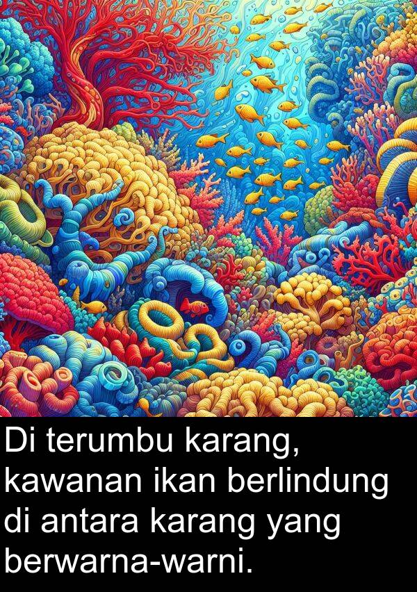 kawanan: Di terumbu karang, kawanan ikan berlindung di antara karang yang berwarna-warni.