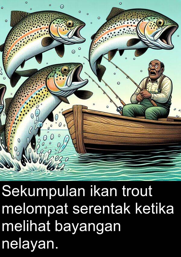 nelayan: Sekumpulan ikan trout melompat serentak ketika melihat bayangan nelayan.