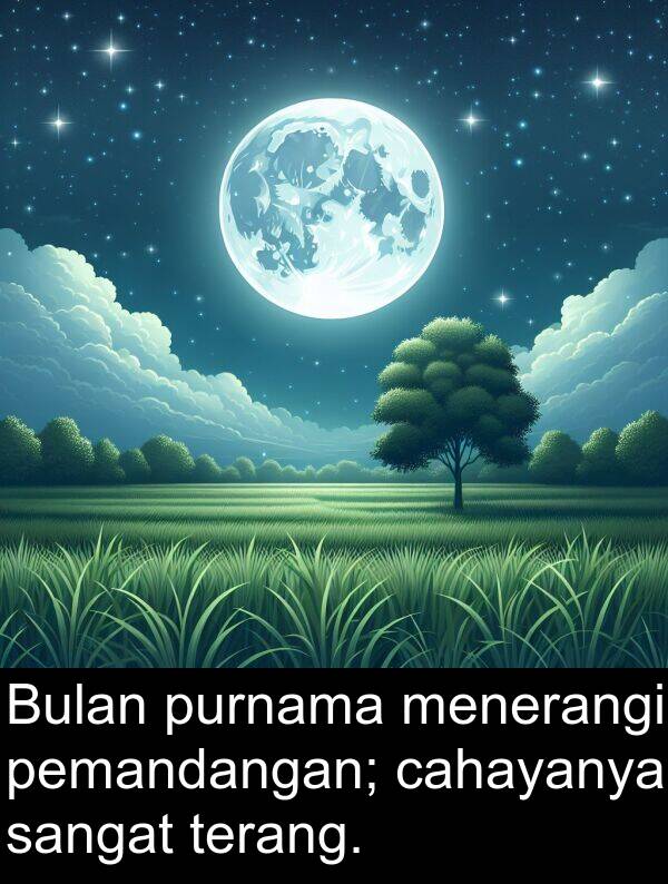 pemandangan: Bulan purnama menerangi pemandangan; cahayanya sangat terang.