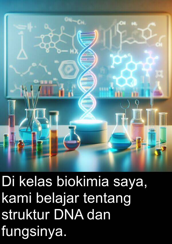 kelas: Di kelas biokimia saya, kami belajar tentang struktur DNA dan fungsinya.