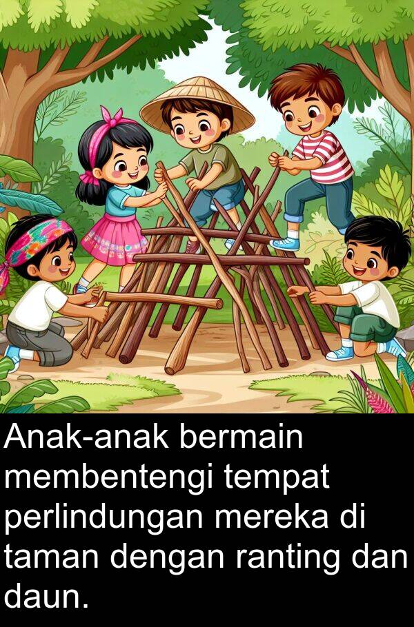 ranting: Anak-anak bermain membentengi tempat perlindungan mereka di taman dengan ranting dan daun.