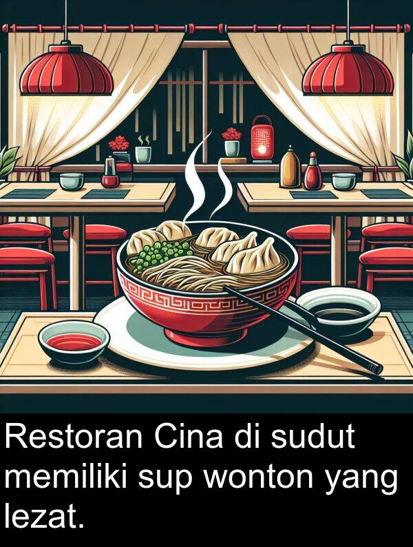 wonton: Restoran Cina di sudut memiliki sup wonton yang lezat.