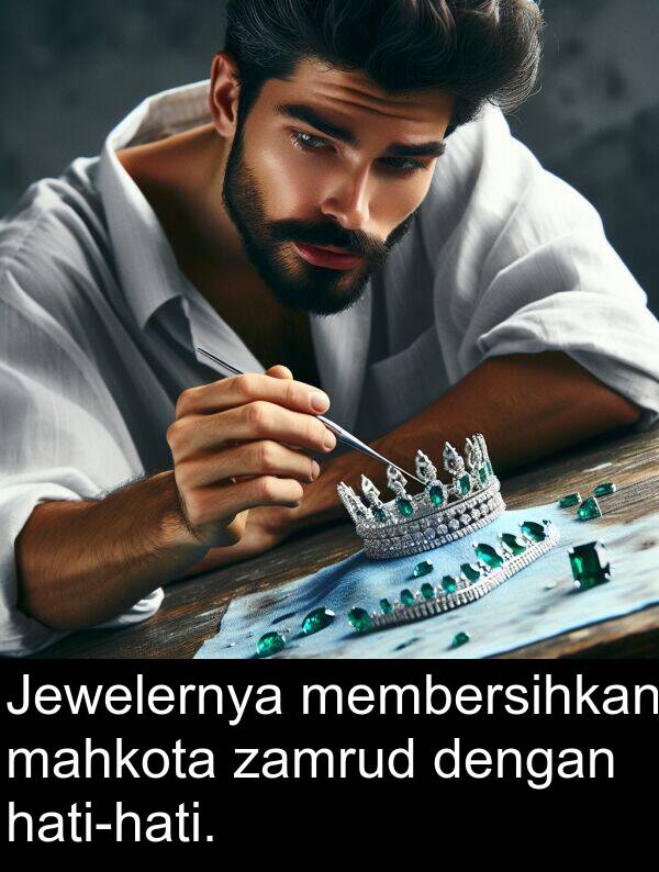 mahkota: Jewelernya membersihkan mahkota zamrud dengan hati-hati.