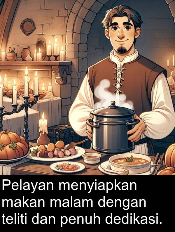 dedikasi: Pelayan menyiapkan makan malam dengan teliti dan penuh dedikasi.