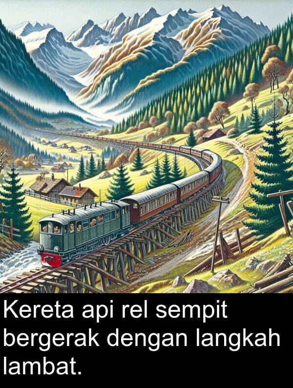 rel: Kereta api rel sempit bergerak dengan langkah lambat.